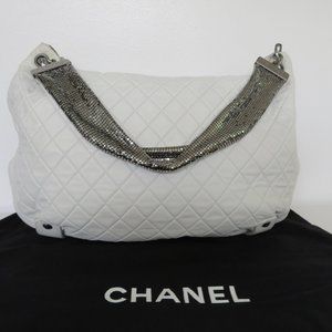 Chanel "LIMITED EDITION" Jumbo White Chain-Mail Strap Quilted Lambskin Hobo